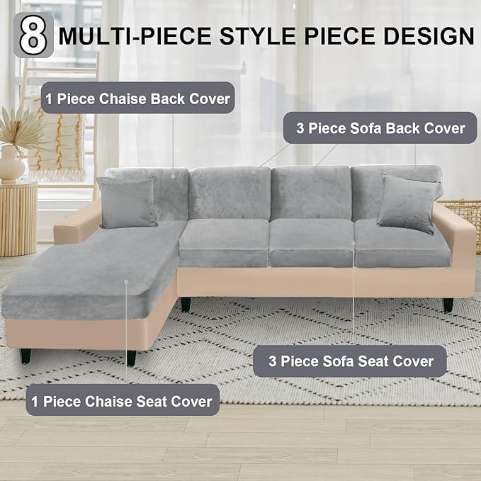 NAISI Sectional Couch Covers 8 Pieces Velvet Couch Cushion Covers L Shape Soft Stretch Sofa Slipcovers with 2pcs Pillowcases for Left/Right Chaise Sectional Couch(3 Seater+1 Chaise+4 Back,Light Grey)