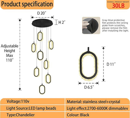 Black 8 Rings Crystal Chandelier for Foyer Stairwell High Ceiling Chandelier Dimmable Oval Crystal Ring Pendant Light