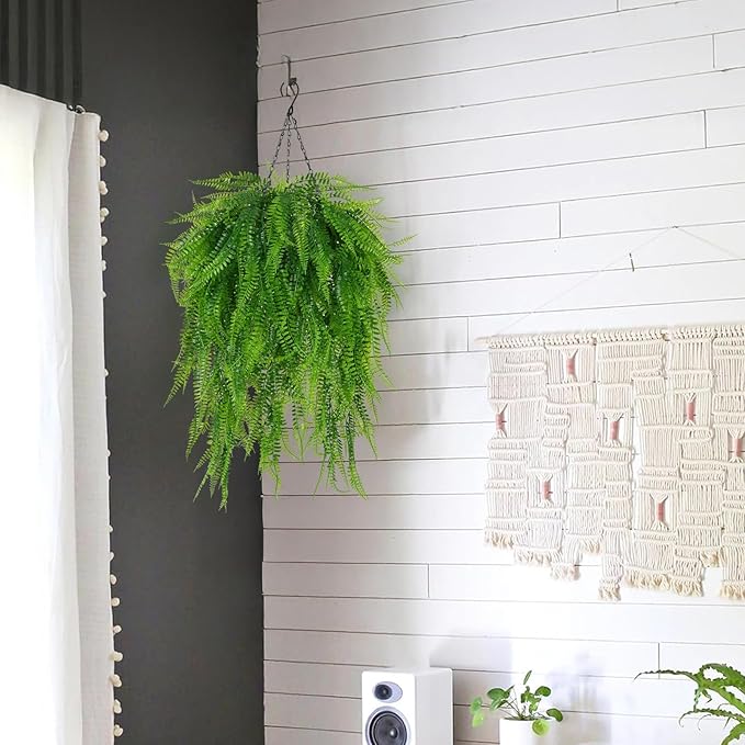 Fake Hanging Plant Outdoor Artificial Boston Fern Hanging Baskets 2 Set Fake Ferns Hanging Plants Artificial Decor 23.6" Artificial Ferns for Outdoors Front Porch Patio Garden Home Decor