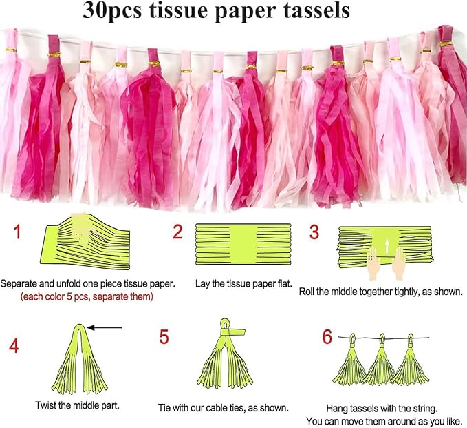 30pcs Hot Pink Tissue Paper Tassels DIY Hanging Decor - Pink Kit
