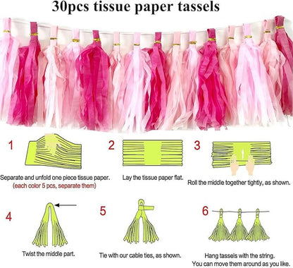30pcs Hot Pink Tissue Paper Tassels DIY Hanging Decor - Pink Kit