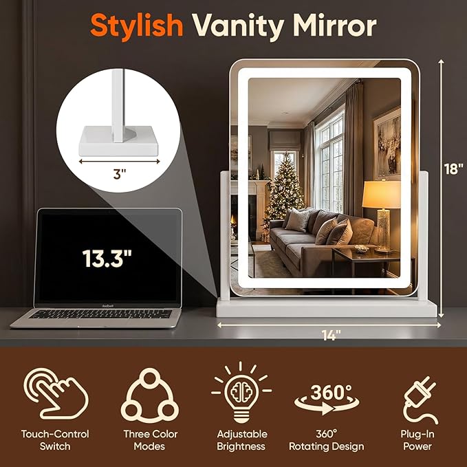 Antok Vanity Mirror with Lights, 14"X18" Lighted Makeup Mirror, Smart Touch, 3 Color Modes and Brightness Adjustable, LED Vanity Mirror with Detachable 10X Magnification, 360° Rotation for Makeup Desk