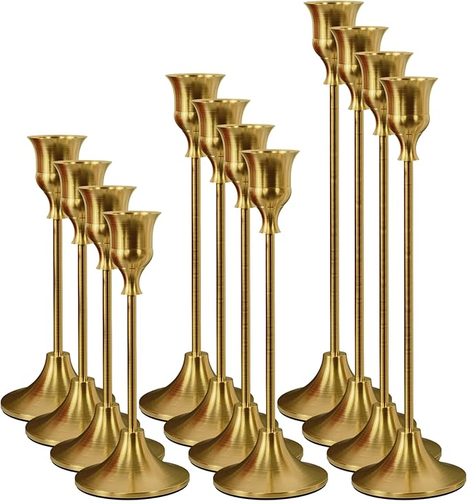 Set of 12 Brass Gold Taper Candle Holders, Candlesticks Holders Bulk, Vintage Candlestick Holder Decorative Metal Candle Sticks Home Decor Centerpieces for Table Mantel Festive Decorations