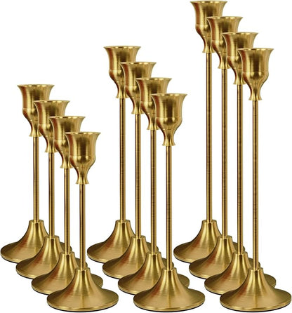 Set of 12 Brass Gold Taper Candle Holders, Candlesticks Holders Bulk, Vintage Candlestick Holder Decorative Metal Candle Sticks Home Decor Centerpieces for Table Mantel Festive Decorations