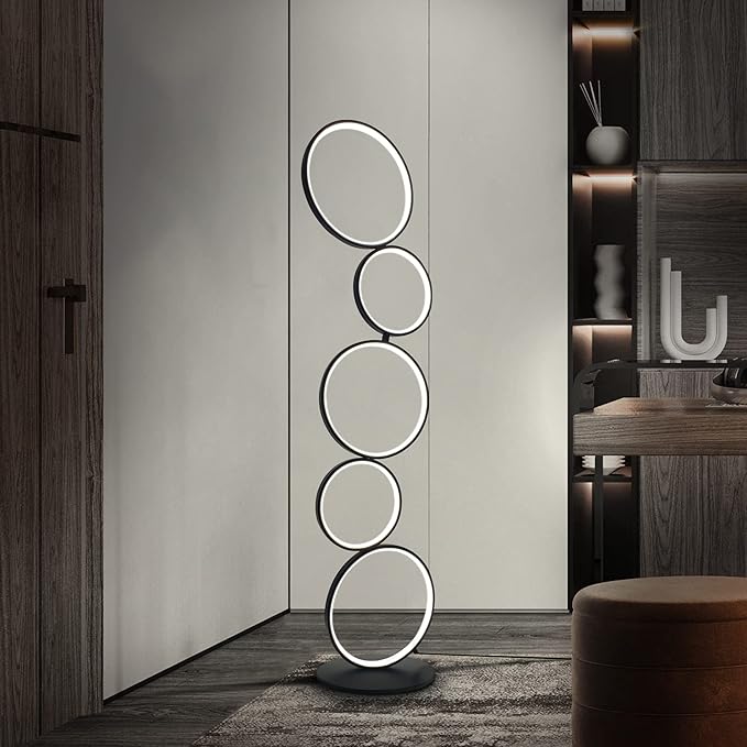 LED Modern Floor Lamp for Bedroom, 3 Way Bright Dimmable Corner Floor lamp with 5-Ring 2-in-1 Standing Tall End Table Lamp for Living Room & Office Reading Light, 3260LM, 6000K, Black.