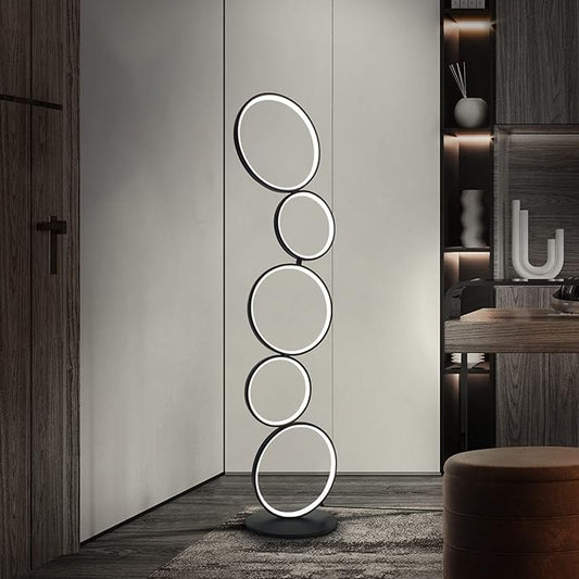 LED Modern Floor Lamp for Bedroom, 3 Way Bright Dimmable Corner Floor lamp with 5-Ring 2-in-1 Standing Tall End Table Lamp for Living Room & Office Reading Light, 3260LM, 6000K, Black.