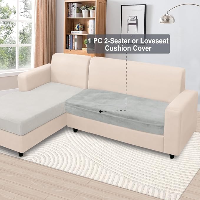 NAISI Couch Cushion Covers 1 Piece Velvet Stretch Loveseat Cover or 2 Seat Sofa Cover Soft Individual Couch Covers for Sectional Sofa(1 PC for 2-Seat Cushion or Loveseat,Light Grey)