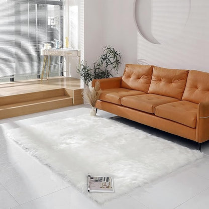 Faux Fur Rug Sheepskin Shag Fluffy Fuzzy 5x7 ft White Rugs for Bedroom Bedside Bed Floor Living Room Plush Rectangle High-Density Cushion Carpet Super Sofa Cover