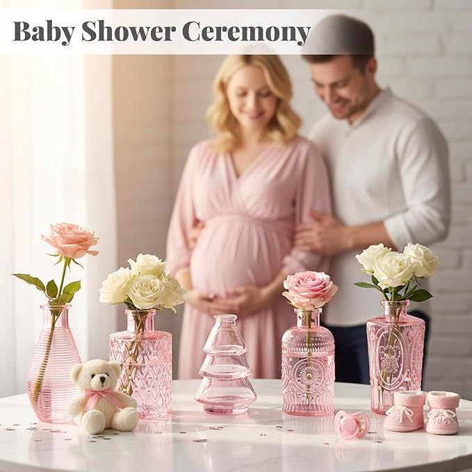 BEAHOT 32 Pack Pink Bud Flower Vase in Bulk,Mini Vintage Glass Bud Vases for Centerpieces,Wedding Decor,Party & Home Decaration,Mother's Day (Pink)