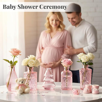 BEAHOT 32 Pack Pink Bud Flower Vase in Bulk,Mini Vintage Glass Bud Vases for Centerpieces,Wedding Decor,Party & Home Decaration,Mother's Day (Pink)