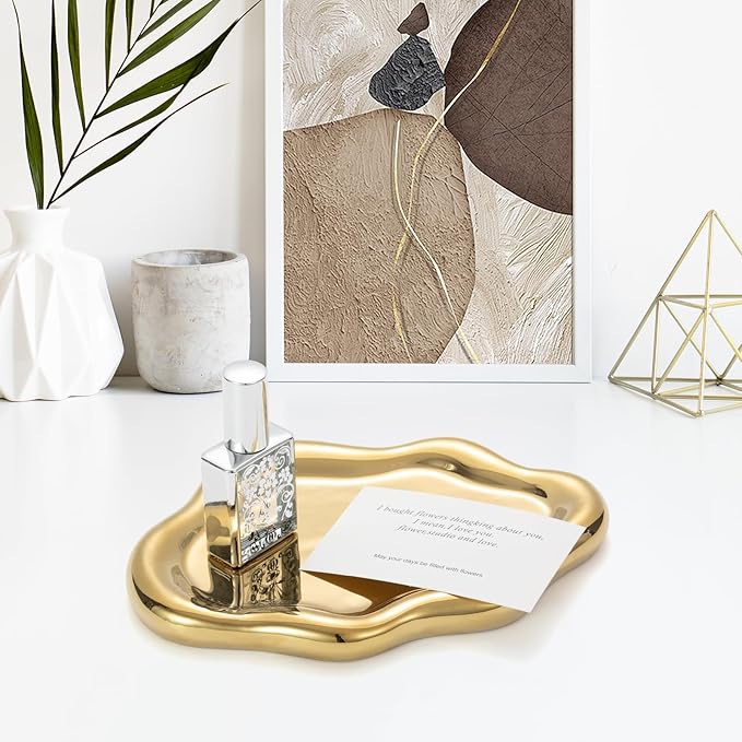 Gold Ceramic Cloud Jewelry Tray, Luxe Gold Electroplated Trinket Dish for Rings/Bracelets/Keys/Perfume, Elegant Cloud Shape Vanity Tray & Key Tray Organizer, Birthday/Mother’s Day/Valentine’s Gift