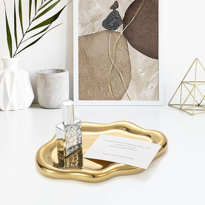 Gold Ceramic Cloud Jewelry Tray, Luxe Gold Electroplated Trinket Dish for Rings/Bracelets/Keys/Perfume, Elegant Cloud Shape Vanity Tray & Key Tray Organizer, Birthday/Mother’s Day/Valentine’s Gift