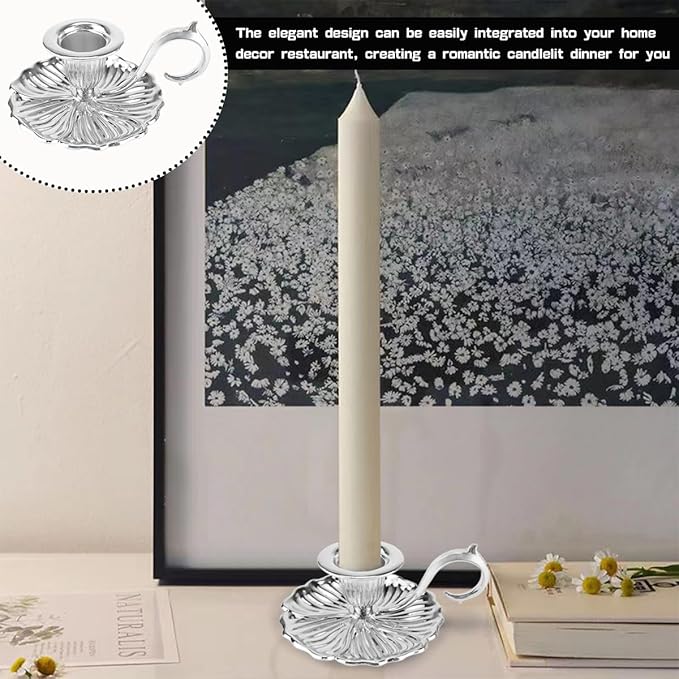 Vintage Candle Stick Holder, Handle Stand Iron Candle Stick Holder, Small Taper Candle Holder for Table Home Decoration (Silver)