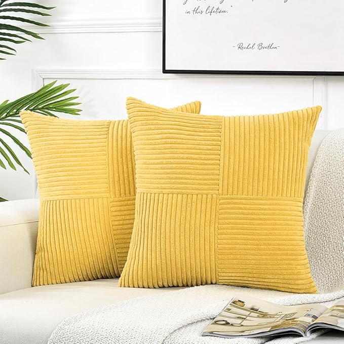Fancy Homi 2 Packs Yellow Decorative Throw Pillow Covers 18x18 Inch for Living Room Couch Bed, Rustic Farmhouse Boho Home Decor, Soft Corss Corduroy Patchwork Textured Square Cushion Case 45x45 cm
