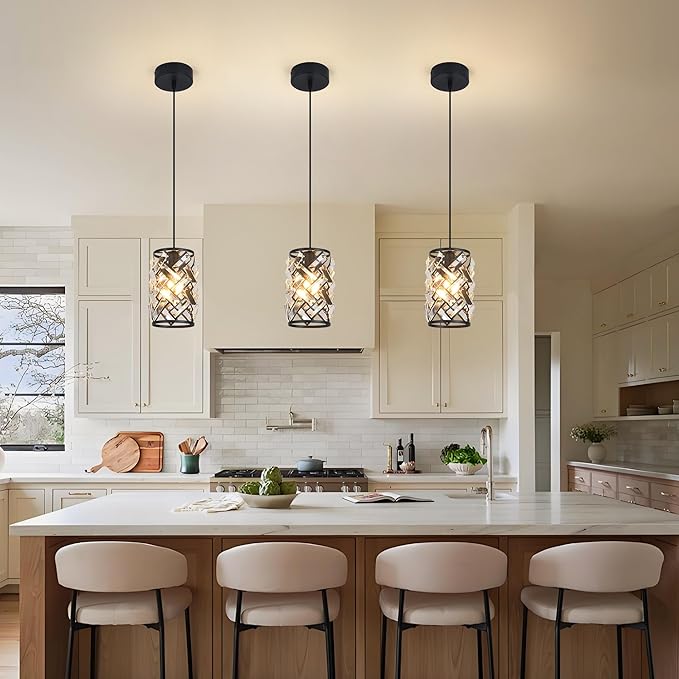 3 Pack Black Pendant Lights Kitchen Island, Kitchen Island Dining Room Light Pendant Lighting Fixtures High end Crystal Chandelier Over Island Table Modern Hanging Light for Bar Dining Room