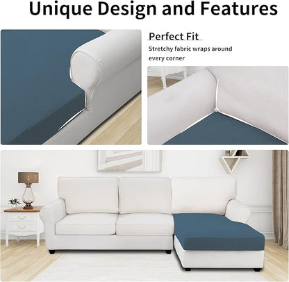 Easy-Going Stretch Sectional Couch Covers 1 Piece Chaise Lounge Slipcover L Shape Separate Cushion Couch Seat Chaise Cover for Both Left/Right Sectional Couch Bluestone