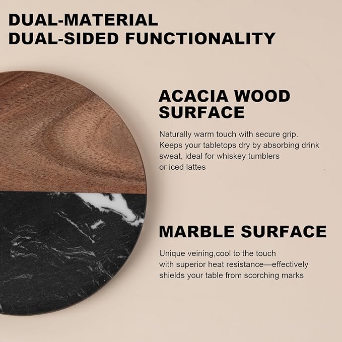 Marble Coasters: 4-Piece Set of Acacia Wood Marble Coasters, Suitable for Kitchens, Offices, and can be Used as Gifts (Black Round)