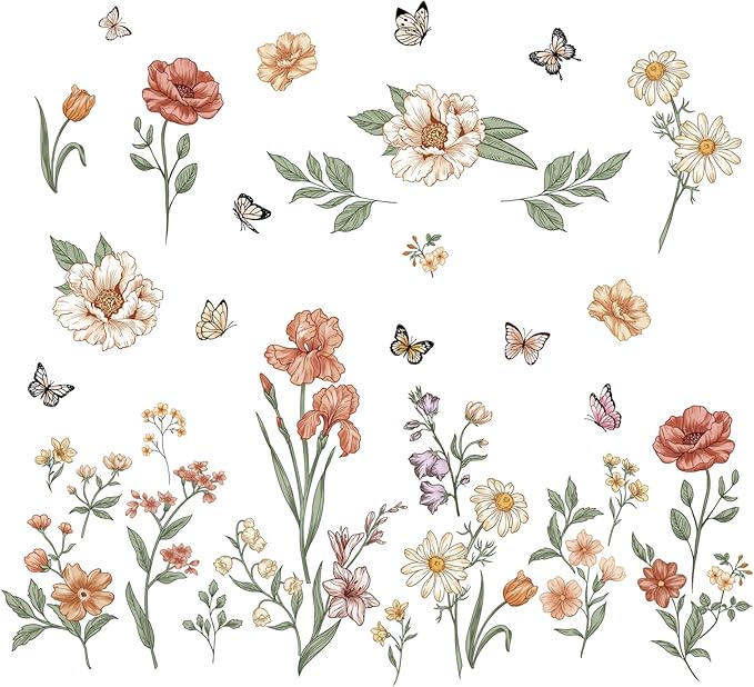 Watercolor Boho Flowers Wall Decals Wildflower Butterfly Garden Wall Stickers Removable Wall Art Decor for Living Room Bedroom
