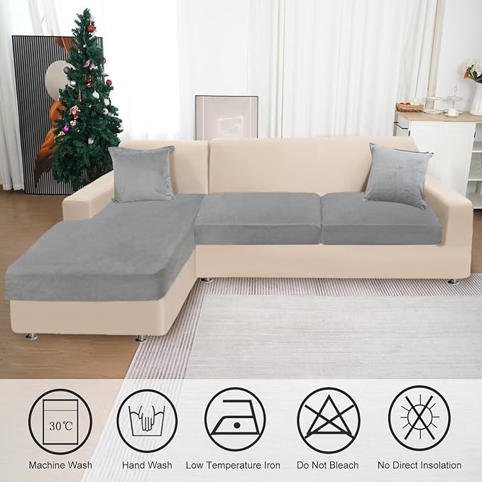 Sectional Couch Covers for 3-Piece Seat Cushion Velvet Separate L Shape Couch Cover Stretch Sofa Slipcover with 2 Pieces Pillowcases Furniture Protector (Sofa 2 Seater + 1 Chaise, Light Grey)