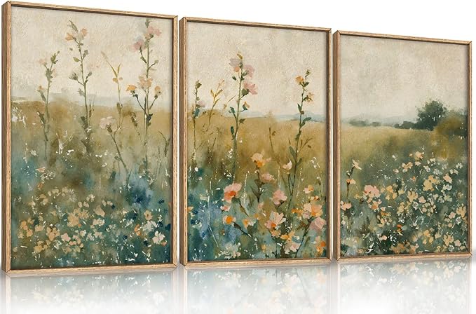 HLNIUC Vintage Watercolor Wildflower Landscape 3 Piece Wall Art Framed, Large Retro Floral Wall Decor(16x24), Nature Wilderness Farmhouse Rustic Field Canvas Painting for Living Room, Bedroom, Office