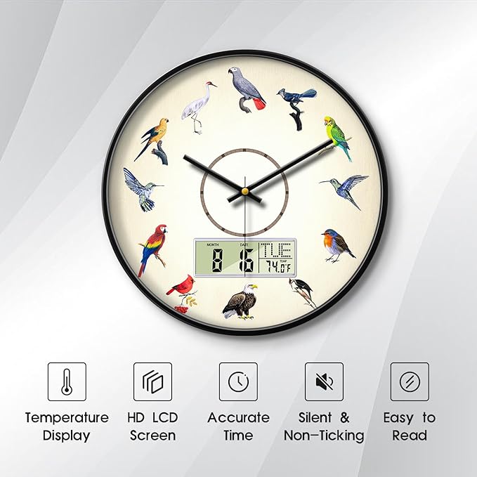 Silent Modern Digital Clock with Week and Date Temperature Funny Birds Large Display Clock Battery Operated LCD Wall Clocks Non-Ticking Clocks for Bathroom Kitchen Living Room Decor 14 Inch