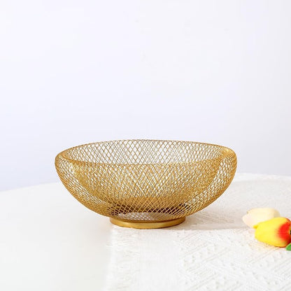 IBWell Metal Wire Woven Fruit Storage Bowl Basket for Kitchen, Large Black Mesh Fruit Stand, for Apple, Pineapple, Banana, Orange, Lemon, Pear, Strawberry, Watermelon (Gold, Small)