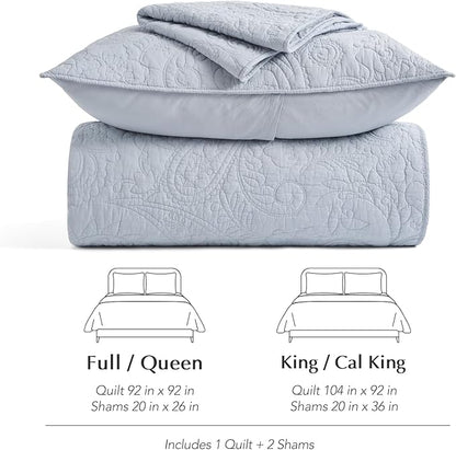 EVERGRACE 100% Cotton Paisley Quilt Set, King Size 3 Piece Set – Prewashed Lightweight Bedspread with 2 Shams, Soft & Breathable Matelasse Coverlet for All-Season Comfort, Pearl Blue