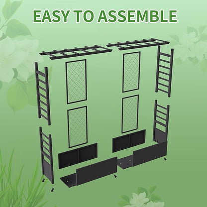 Raised Garden Bed with Trellis & Hanging Roof, Weatherproof Metal Planter Box with Wheels, Garden Arch Trellis for Outdoor Climbing Plants Vines Flowers, 74" H x 77" L x 17" W, Black