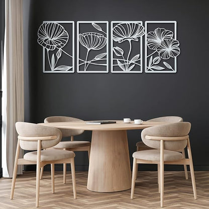 Cunno 4 Pcs Metal Wall Art 16.5 x 11.8'' Line Art Wall Decor Floral Minimalist Decor Hanging Flower Aesthetic Modern for Living Room Bedroom Bathroom Kitchen Decoration(White)