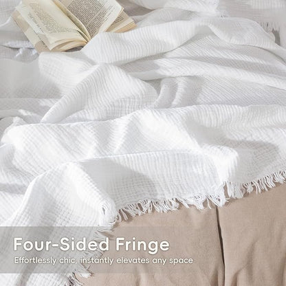 MooMee Muslin Blanket - 100% Cotton 4-Layer Gauze Throw Blanket with All-Around Fringe, Ultra-Soft Breathable Lightweight Cooling Decorative for Bed, Sofa & Couch (Bright White,Throw 60" x 50")