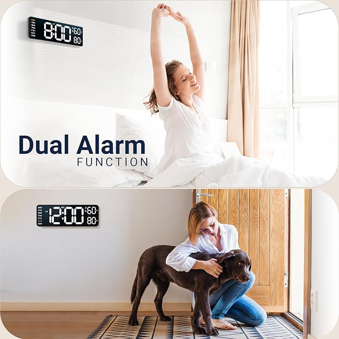 10" Digital Wall Clock: Dual Alarm Wall Mount Decor Clock for Living Room Classroom Office Desk, House Warming Gifts New Home Decor, Christmas Gift for Mom Dad Seniors Teen White