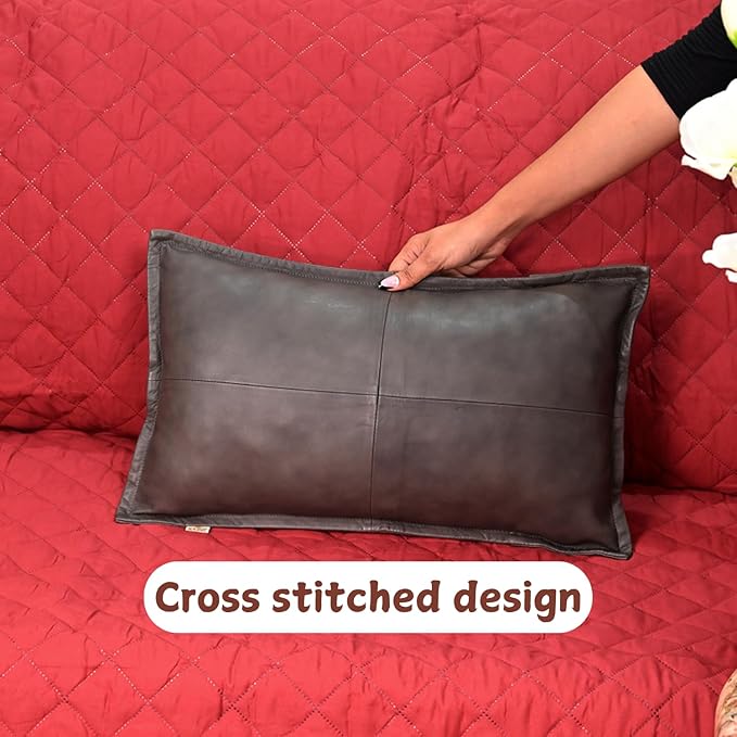 100% Lambskin Leather Pillow Cover - Sofa Cushion Case - Decorative Throw Covers for Living Room & Bedroom, 14x22 Inch - Grey Antique Box Pack of 2