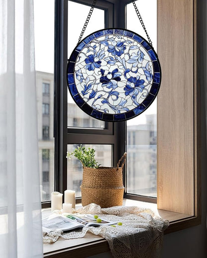 Stained Glass Window Hanging, Blue and White Abstract Flowers Sun Catcher for Door Home Decor Suncatcher Christmas Mother's Day Birthday Gifts for Women Men Mom and Nana 6.3 in