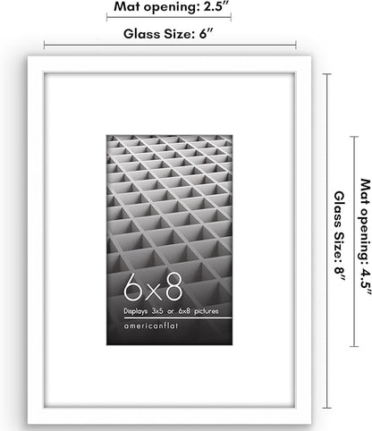 Americanflat 6x8 Picture Frame with Shatter-Resistant Glass - Use as 3x5 Frame with Mat or Display 6x8 Photo Without Mat - Streamline Collection - Picture Frames for Tabletop and Wall - White