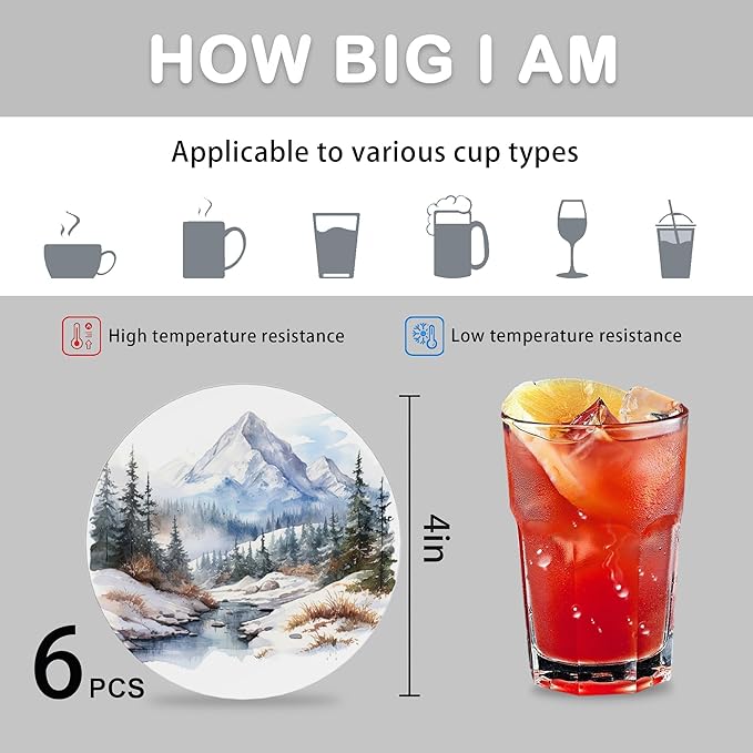 6 Pcs Drink Coasters with Holder,Mountain Landscape Watercolor Absorbent Round Ceramic Coaster for Tabletop Protection,for Coffee Cup Beverage Coasters Wine Beer Bar
