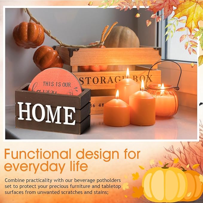 Queekay Coasters Set of 6 House Warming Gifts New Home Wooden Farmhouse Drink Coasters with Holder 4'' Funny Decoration for Kitchen Family Coffee Bar Tabletop Protection(Fall Color)