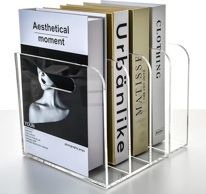 4 Vertical Compartments File Holder, Clear Acrylic Desk Organizer and Storage Bins Holding for Magazines, Binders, Notebooks, Envelopes, Multi-purpose Document Organizer for Home Office