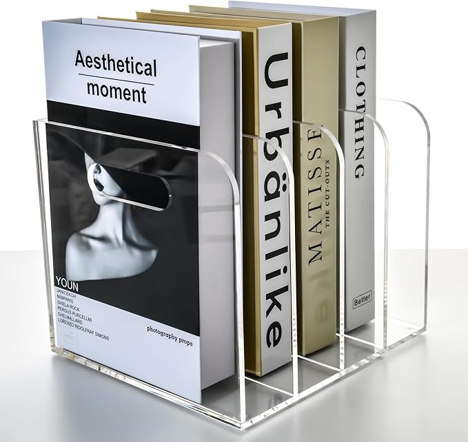 4 Vertical Compartments Clear Acrylic Magazine & File Holder – Multipurpose Desk Organizer for Office, Tablets, Magazines, Books – Documents/Home/Classroom Rack