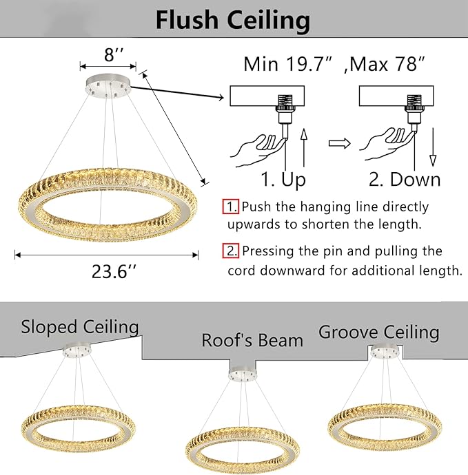 LED Chandelier Modern Dimmable Dining Room Chanderliers Entryway Crystal Ring Pendant Lights for Kitchen Bedroom Living Room Silver Light