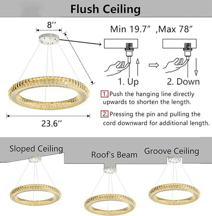 LED Chandelier Modern Dimmable Dining Room Chanderliers Entryway Crystal Ring Pendant Lights for Kitchen Bedroom Living Room Silver Light