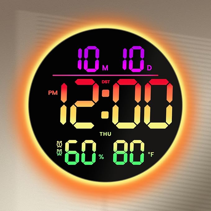 10" Large Digital Wall Clock: 13 RGB Colors Round Wall Mount Decor Clock for Classroom Dorm Office Game Living Room, House Warming Gifts New Home Decor, Christmas Birthday Gift for Men Women Senior
