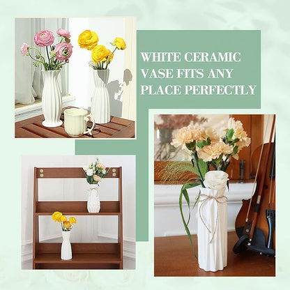 6 Pack White Ceramic Vase, Flower Vase Textured Table Centerpiece Weddings Vases with Twine Bow, Modern Home Decor, Fit for Foyer Living Room Fireplace Bedroom Kitchen 7.09-8.27" H