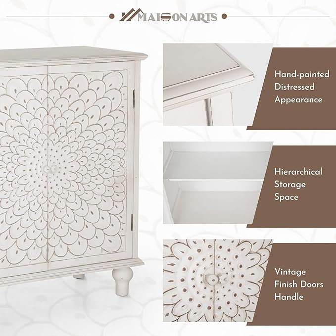 MAISON ARTS White Accent Cabinet with 2 Doors, Farmhouse Distressed Storage Cabinet w/Solid Wood Legs for Living Room Entryway, Kitchen Sideboard Buffet Cabinet, Feather Pattern