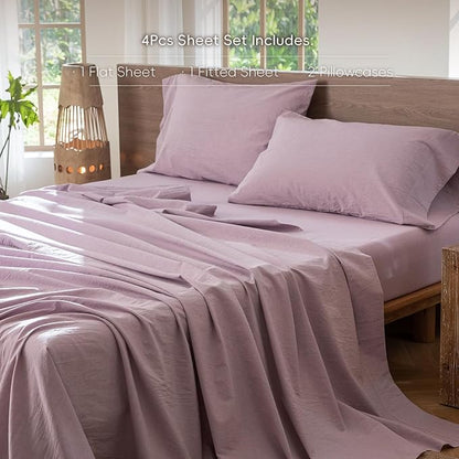 MooMee Bedding Sheet Set 100% Washed Cotton Linen Like Textured Breathable Durable Soft Comfy (Heathered Light Purple, Queen)