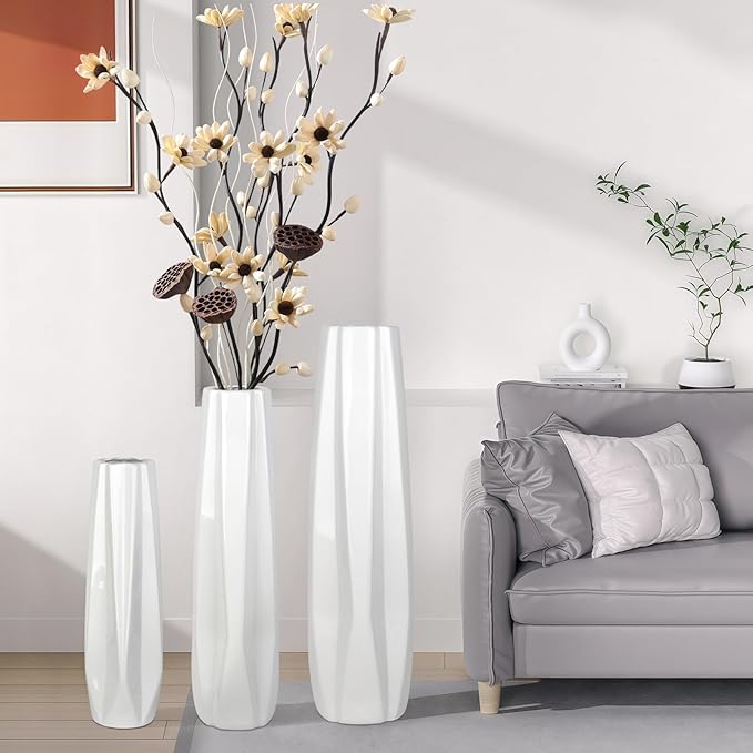 White Ceramic Floor Vase 28" – Origami Farmhouse Porcelain Tall Vase for Living Room & Office
