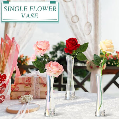 Lallisa 6 Pcs Glass Bud Vases for Centerpieces Maria Modern Clear Small Skinny Decorative Single Flower Bud Vase for Wedding Party Event Home Office Decoration(7.87 Inch,Iridescent)