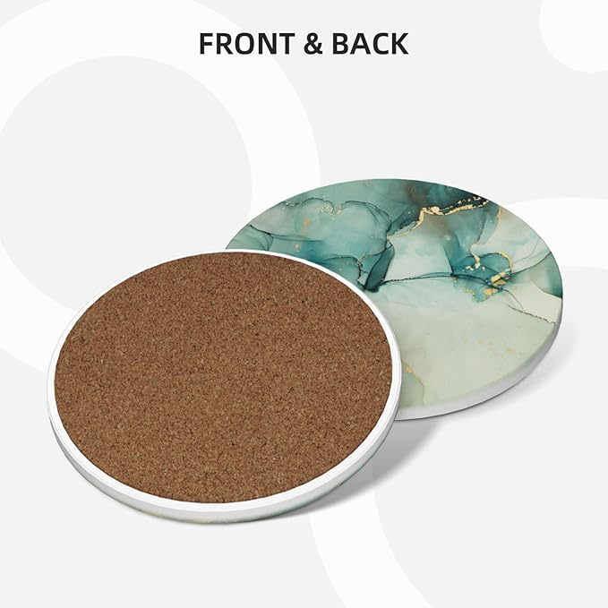 6 Pcs Ceramic Coasters with Holder Absorbent Drink Round Blue Green Jade Texture Marble with Golden Design for Home Table Coffee Cup Wine Beer Bar,Size 4.4 inches