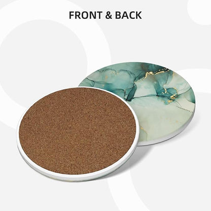6 Pcs Ceramic Coasters with Holder Absorbent Drink Round Blue Green Jade Texture Marble with Golden Design for Home Table Coffee Cup Wine Beer Bar,Size 4.4 inches