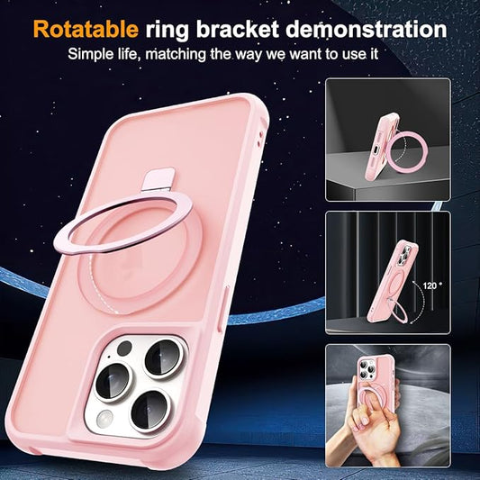 Compatible with iPhone 14 Pro Case with Invisible Magnetic O-Ring Stand Military-Grade Translucent Case for iPhone 14 Pro 6.1" [Compatible with Mag-Safe][Great Grip Feeling], Pink