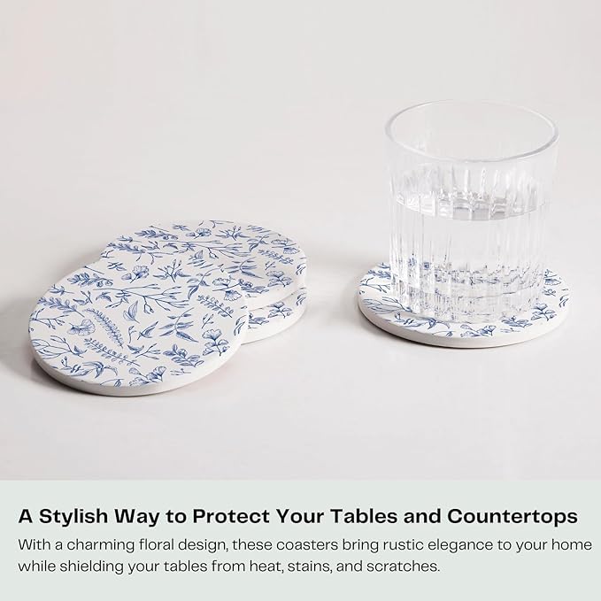 Set of 6 Floral Blue and White Coasters with Holder, Absorbent Ceramic Drink Coasters with Cork Backing for Table Protection, Coffee Table Décor